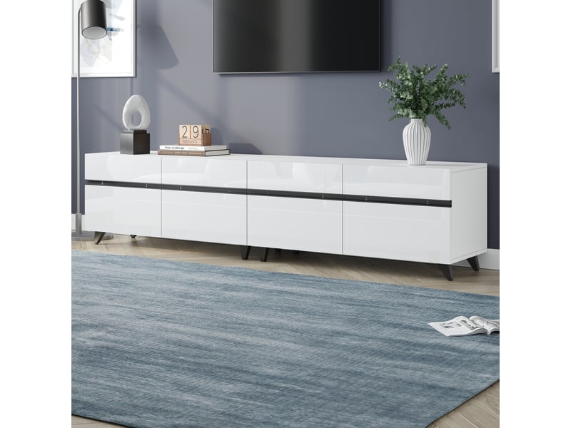 Meuble tv blanc brillant de 180 cm avec quatre placards, rangement modulable et huit pieds, pour téléviseur jusqu’à 80 pouces - Conforama E