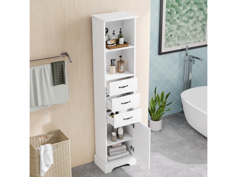  Armoire de salle de bain haute, 38 x 26 x 172,5 cm, 3 tiroirs, étagères ouvertes, portes et étagères réglables, blanche  - Conforama C