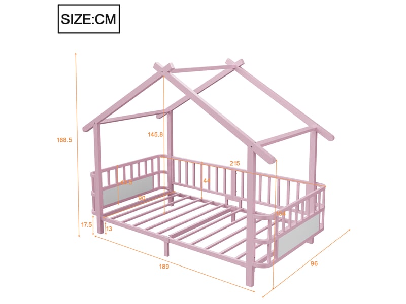 Lit cabane enfant en métal rose 90 x 200 cm avec barrières de sécurité et cadre décoratif - Conforama E