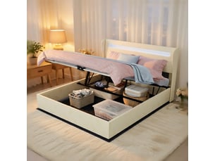 Lit coffre haut avec tête de lit led beige 160x200cm inclut matelas 160x200cm vérin pneumatique design moderne