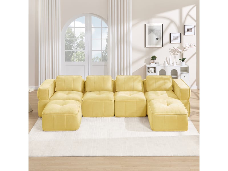  Canapé 4 places - 344x162x67cm - canapé panoramique en u avec 2 poufs repose-pieds en mousse 32d sans cadre - jaune  - Conforama D