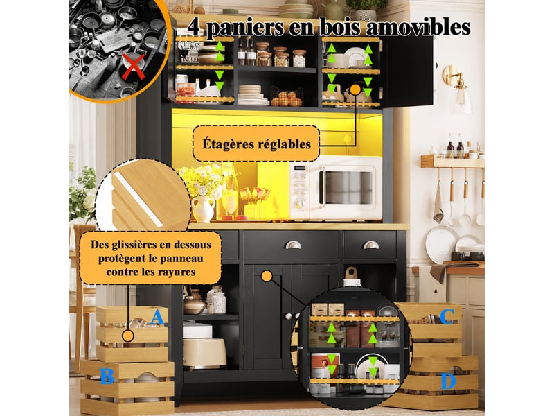 Armoire haute de rangement avec portes, étagères réglables, paniers et éclairage led rgb - noir - Conforama B