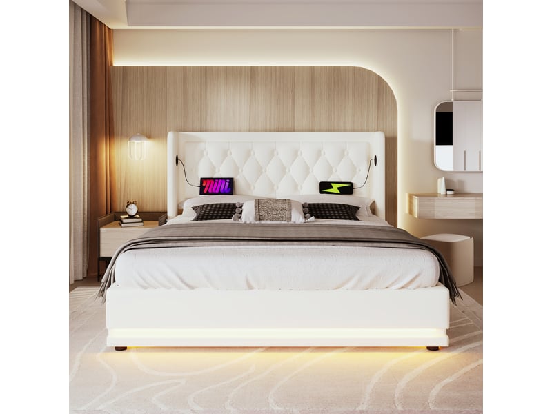  Lit coffre 180x200 cm, rangement hydraulique, led 3 côtés, usb et usb-c, tête de lit capitonnée à oreilles, simili cuir pu - blanc  - Conforama B