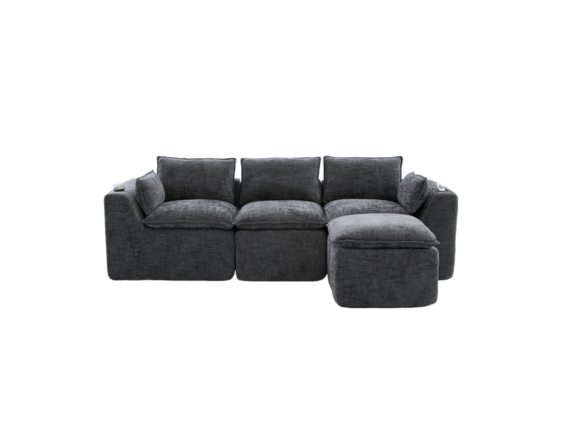Canapé modulable d’angle en l 3 places en tissu gris foncé, 256 x 161 x 75 cm, sans montage, porte-gobelets, poches latérales, livré compressé Luxe haut de gamme - Conforama A