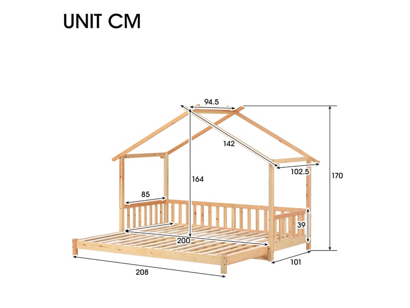  Lit cabane extensible enfant 200x90 cm et 200x180 cm barrière 3 côtés bois naturel sans matelas  - Conforama C