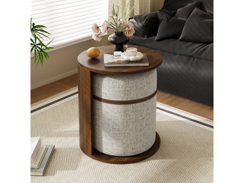  Table basse rangement forme ronde ensemble tabouret rangement intégré plateau en mdf aspect bois style moderne  - Conforama B