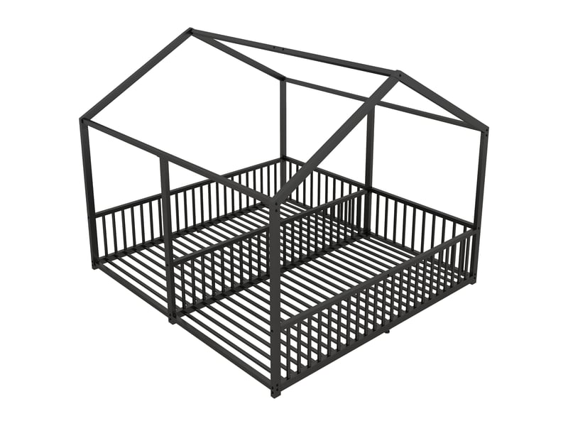  Lit enfant 90x200cm,lit cabane,lit double,lit au sol en métal avec balustrade,noir lit enfant noir - Conforama E