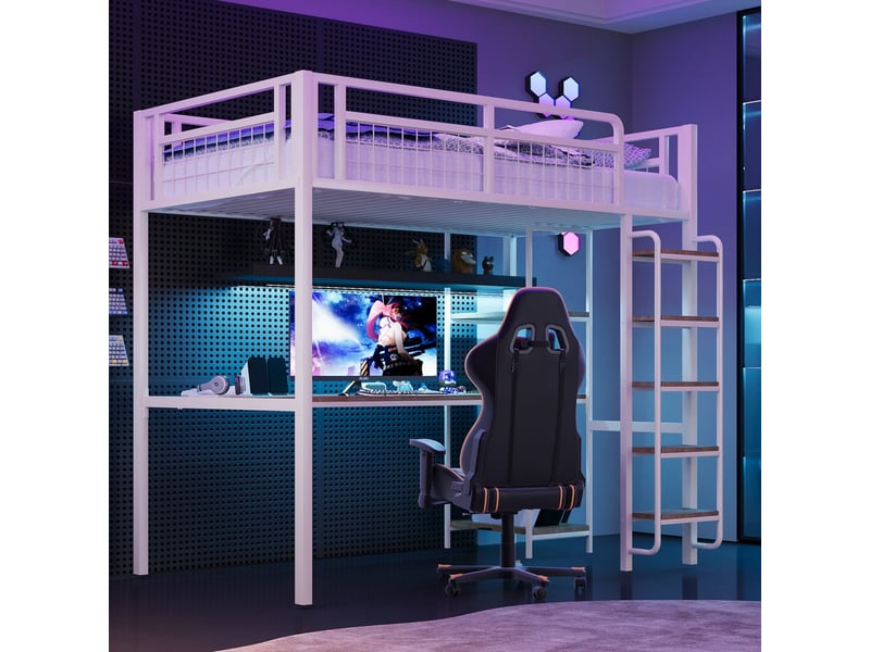  [{role: user, content: lit mezzanine 90x200 cm, bureau intégré, échelle à marches, métal blanc}]  - Conforama B