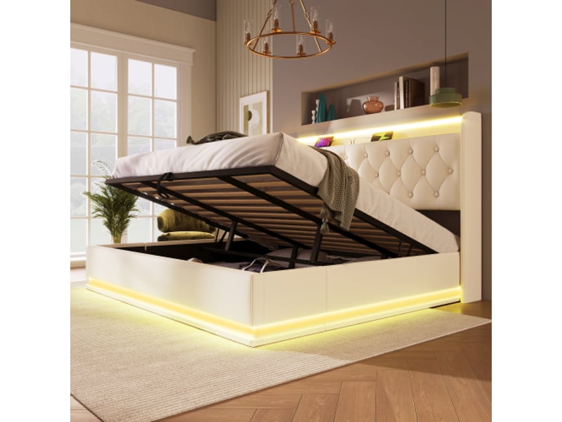  Lit coffre 180x200 cm blanc en pu - éclairage led 360° connecté, usb-c et sommier hydraulique inclus  - Conforama R