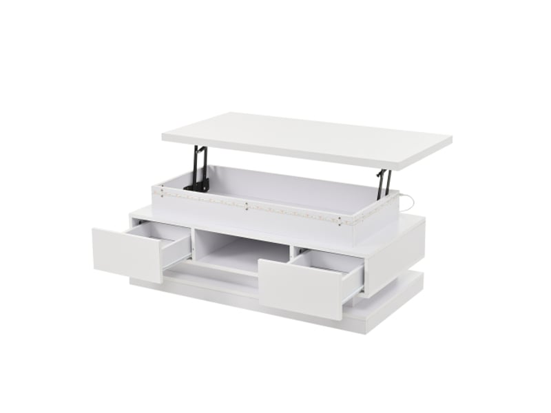  Table basse relevable blanche 100x50x40 cm, 2 tiroirs, plateau brillant led, rangement caché  - Conforama A