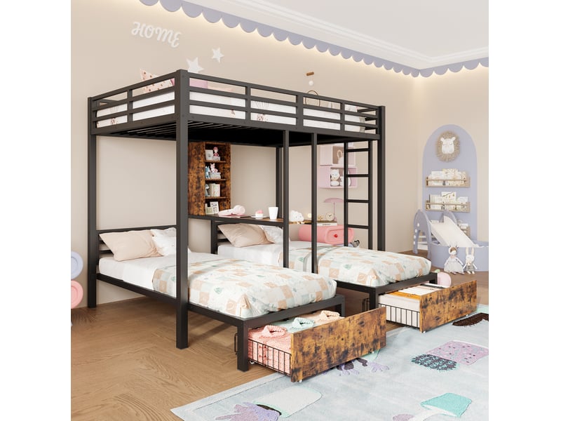  Lit superposé 3 couchages 140x200 et 90x200 cm avec 2 tiroirs en métal et mdf  - Conforama B