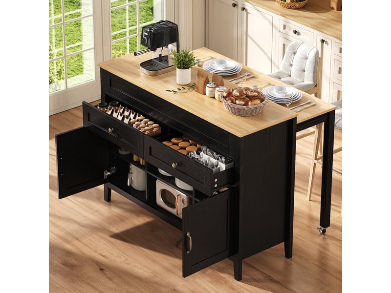  Îlot de cuisine 120 x 40-76 x 92 cm avec table coulissante, 2 tiroirs, 2 portes et rangements, noir, style contemporain  - Conforama D