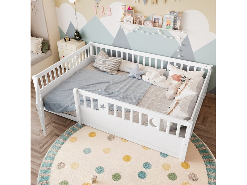  Lit enfant 140 x 190 cm avec barrière verrouillable, étoiles et lune, blanc  - Conforama B