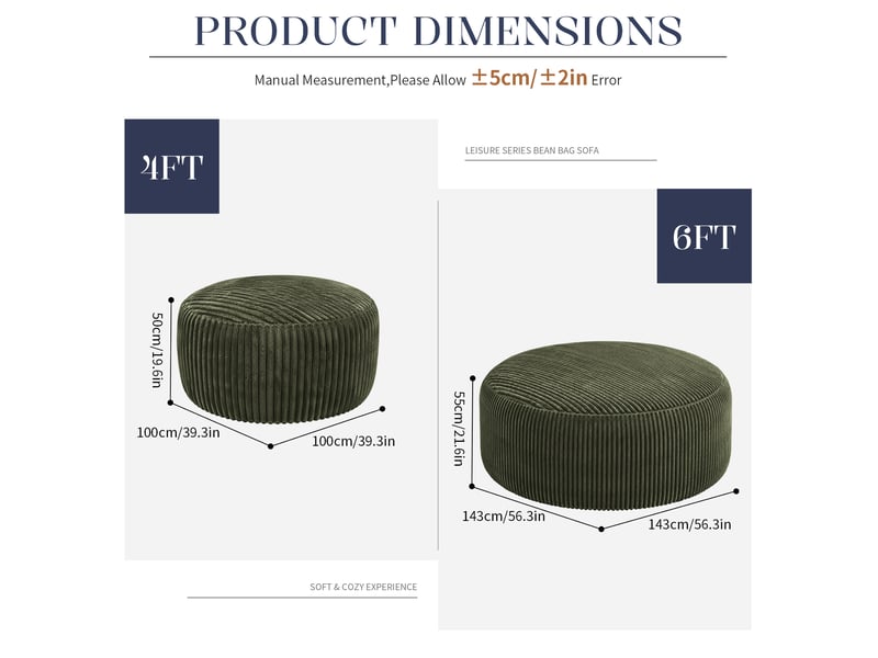  Pouf géant modenvie rond 6 ft 143 x 143 x 55 cm en velours côtelé vert, mousse à mémoire de forme  - Conforama C