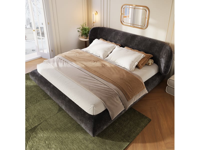  Lit rembourré 140 × 200 cm 2 places avec tête de lit arrondie, sans matelas, en chenille, gris  - Conforama B