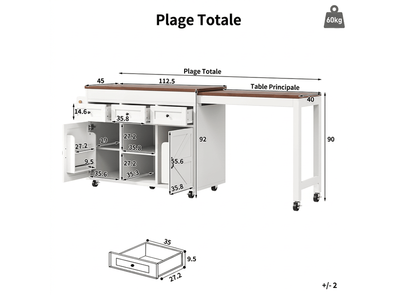 Îlot central cuisine blanc extensible 131-210 cm table haute cuisine pivotante 360° avec tiroirs mdf - Conforama C