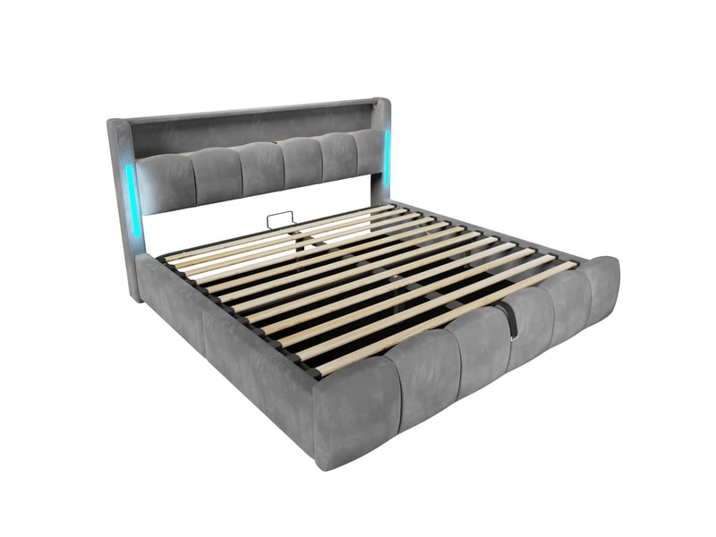 Lit capitonné, 180 x 200 cm, éclairage led, tête de lit avec compartiment de rangement, sans matelas, sommier coffre hydraulique, ports usb et type-c, velours - Conforama E