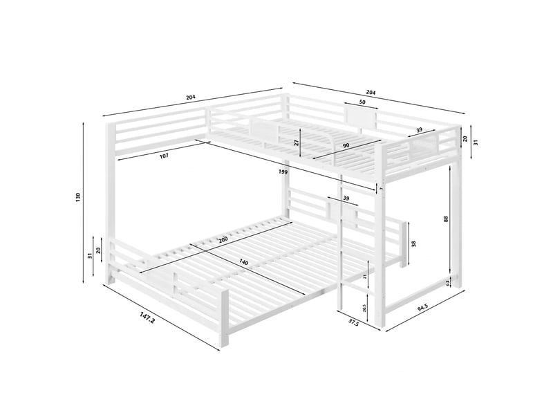 Lit superposé métal en l 90x200 sur 140x200 cadre robuste gain de place blanc - Conforama E