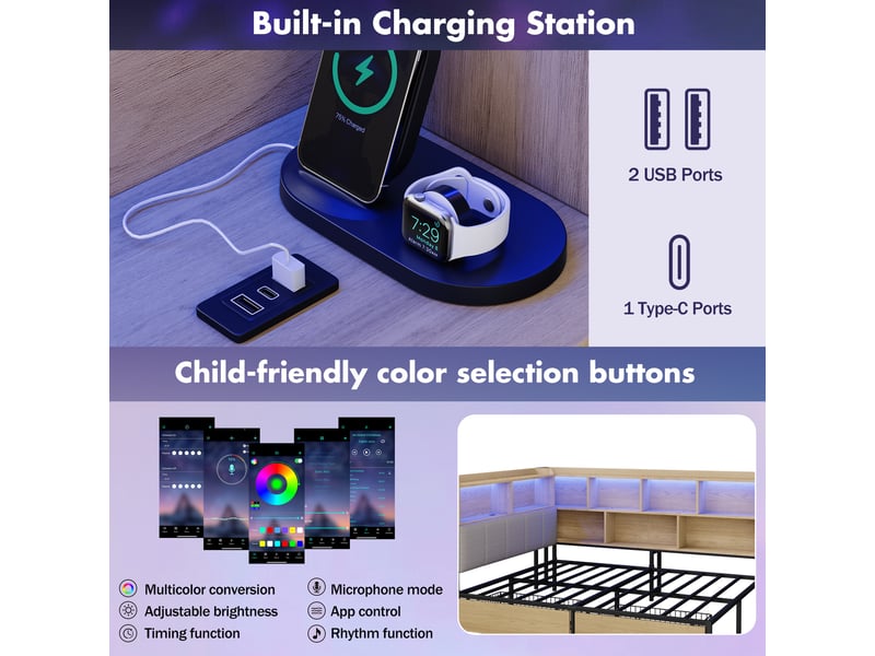 Lit double 140x200 cm avec led et 2 tiroirs, lit enfant avec usb et usb-c et tête de lit rangement, naturel - Conforama C