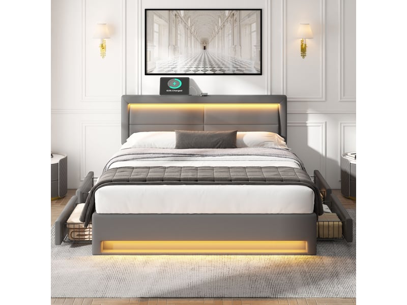  Lit avec rangement 140x190 cm , lit rembourré avec 4 tiroirs, led et usb, tête de lit en pu, sommier à lattes - gris (sans matelas)  - Conforama D