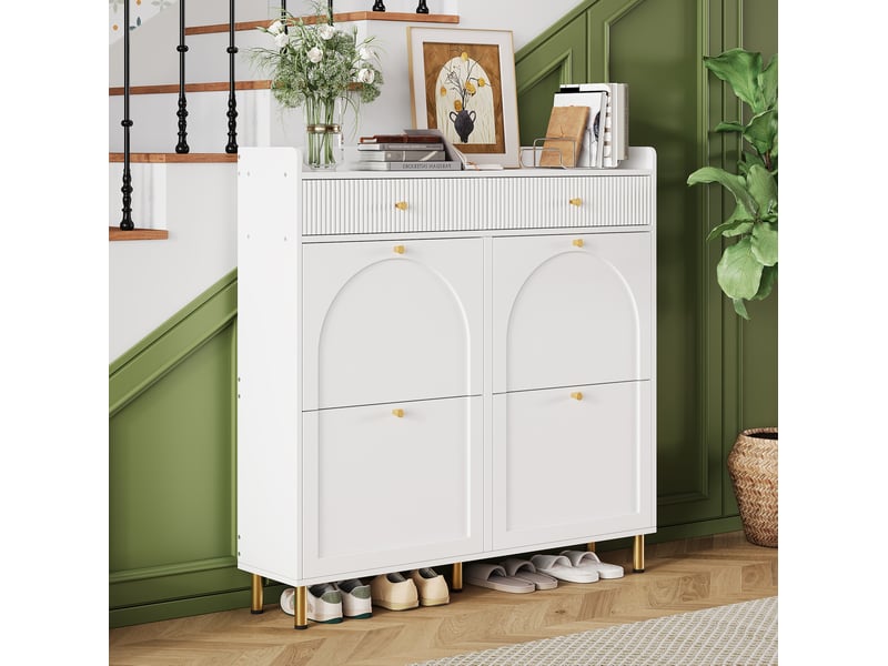 Meuble à chaussures étroit 106.5x25x105.5 cm, 4 abattants et 2 tiroirs, blanc - Conforama C