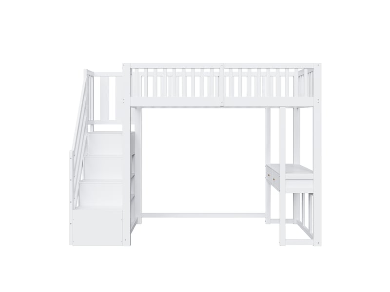 Lit mezzanine 90x200 blanc, lit mezzanine avec bureau et escalier de rangement, cadre en pin massif pour enfant et ado. - Conforama A