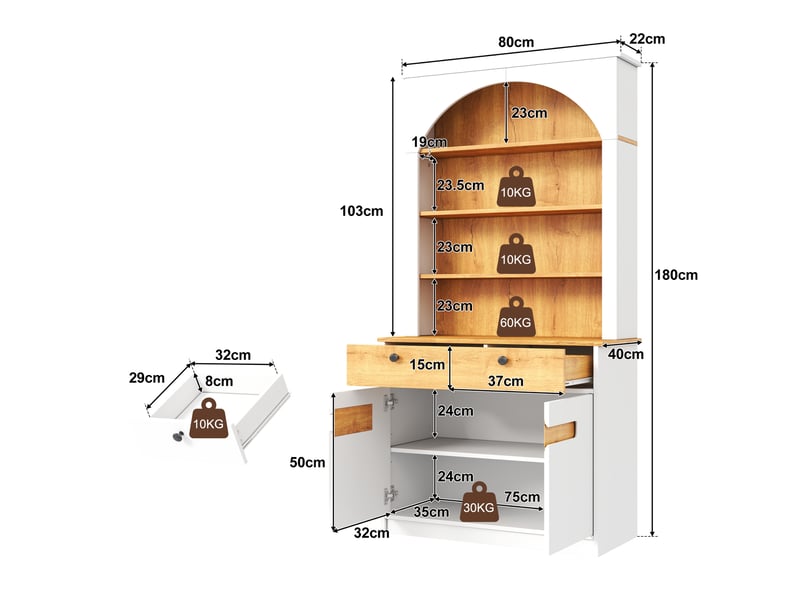  Armoire de cuisine haute 80x40x180cm, 2 portes vitrées, 2 tiroirs, niche ouverte et étagères réglables, façade cintrée, blanc et bois naturel  - Conforama D
