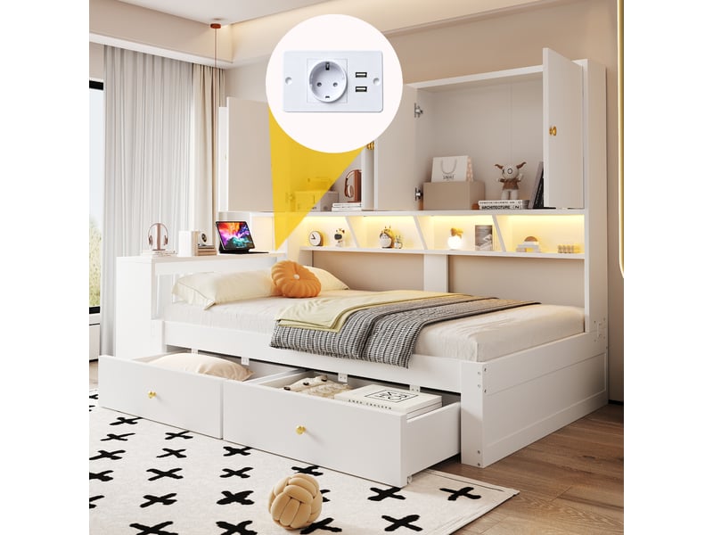  Lit multifonction 90x200 cm avec bureau intégré, rangements, led et prises, blanc, sans matelas  - Conforama E