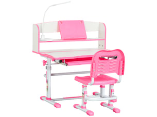Ensemble bureau et chaise enfant réglable 6-12 ans rose avec lampe led et plateau inclinable
