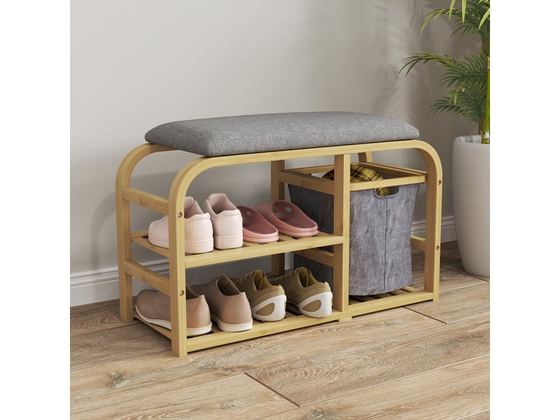  Banc à chaussures avec coussin d'assise, 2 étagères à lattes et panier en tissu coulissant, 70x30x45cm, bois naturel  - Conforama C