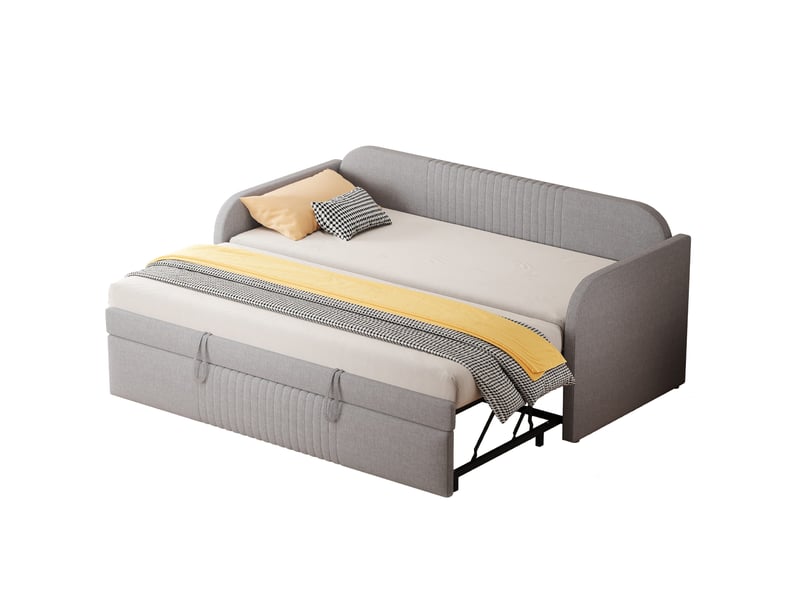 Lit gigogne 90 × 190 cm extensible avec sommier à lattes, revêtement en lin gris clair à rayures verticales pour chambre - Conforama A