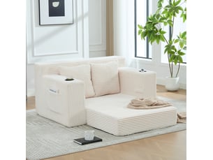 Fauteuil pouf double avec coussins, poches latérales et accoudoirs en velours côtelé beige, 151 × 133 × 64 cm