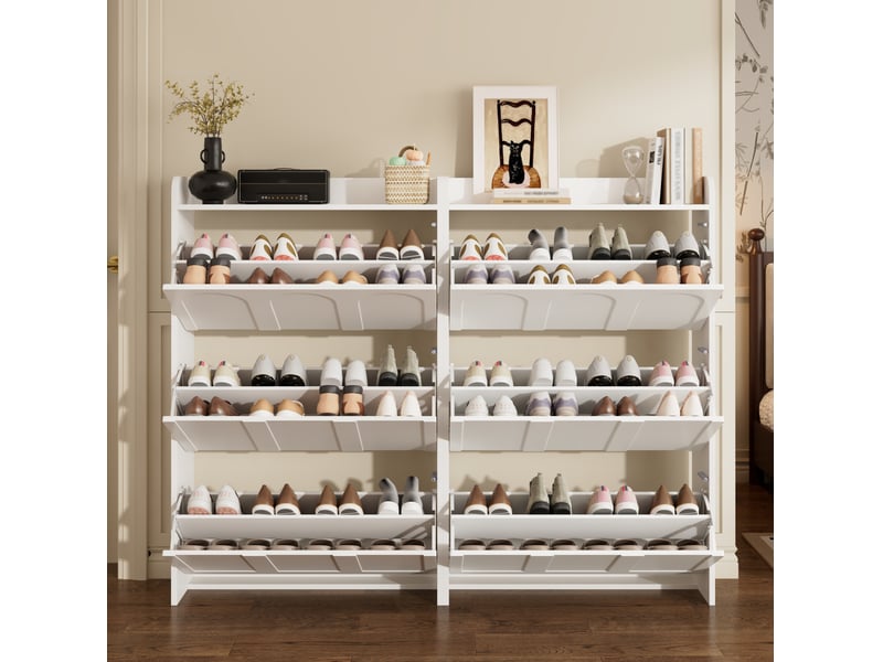  Lot de 2 meubles à chaussures 140 x 25 x 120 cm blanc mdf, 6 portes abattantes et 12 compartiments  - Conforama B