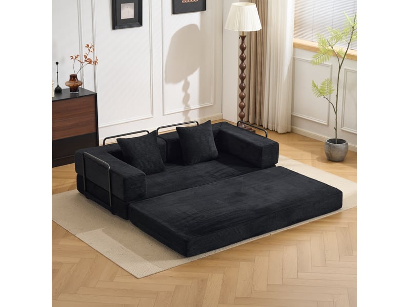  Canapé convertible au sol 2 places pliable avec accoudoirs et coussins en velours côtelé noir, 185 × 92,5 × 60 cm  - Conforama D