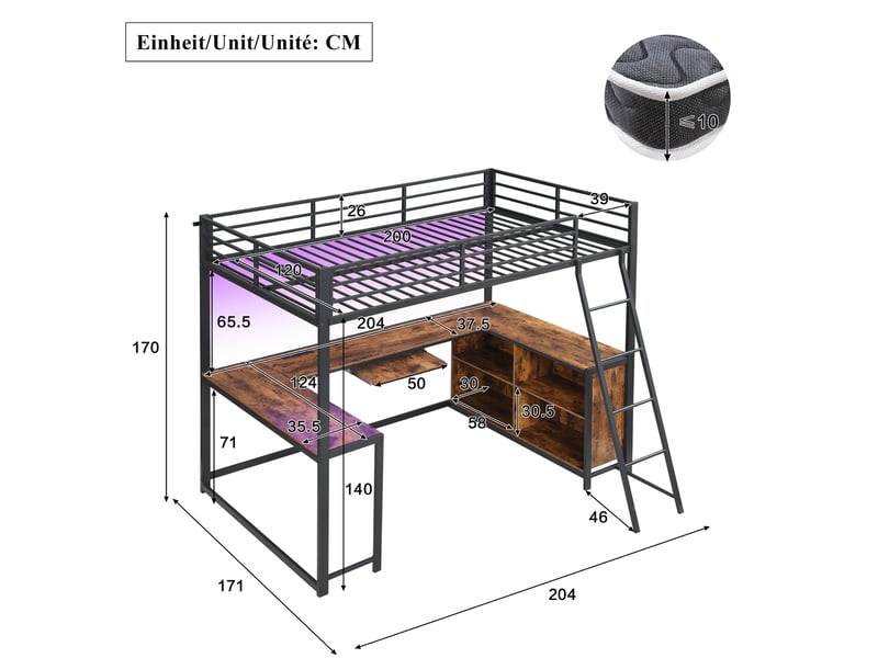 Lit mezzanine adulte 120x200 cm noir décor bois vintage métal et mdf, bureau 3 côtés avec led et rangement - Conforama C