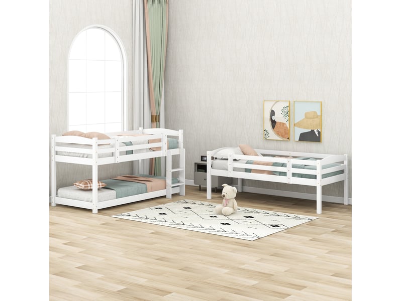  Lit superposé triple 90x200 cm, transformable en lits séparés, pin et mdf, finition blanche, sécurisé, sans matelas  - Conforama E