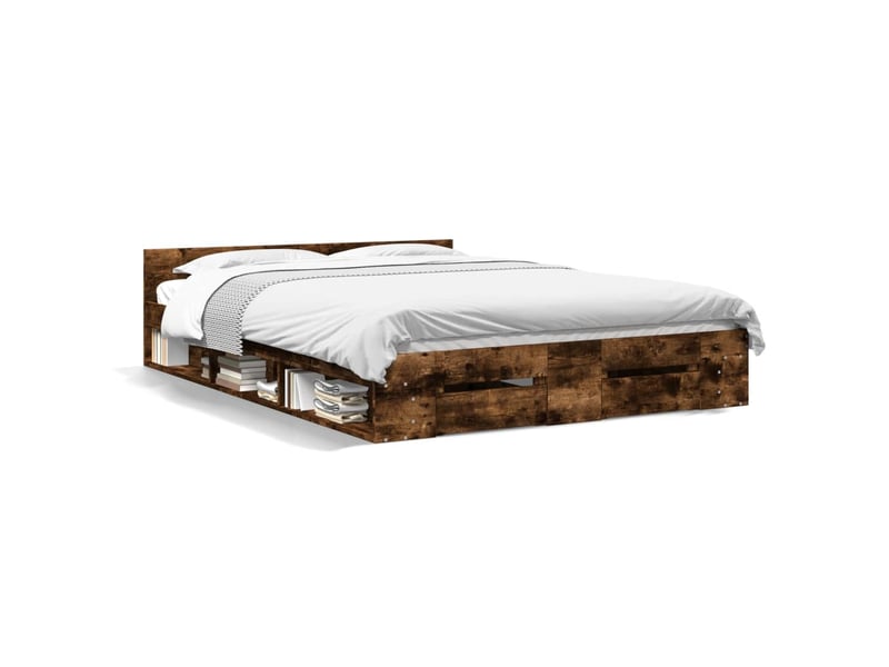 Lit double- lit adulte - cadre de lit avec tiroirs sans matelas chêne fumé 150x200 cm - Conforama A