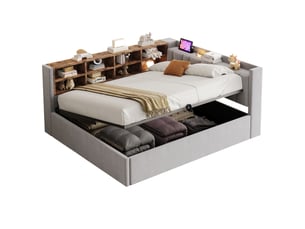 Lit coffre adulte 140x200 cm 2 places avec tête de lit, éclairage led, usb, type-c, rangement et revêtement velours gris clair, sans matelas