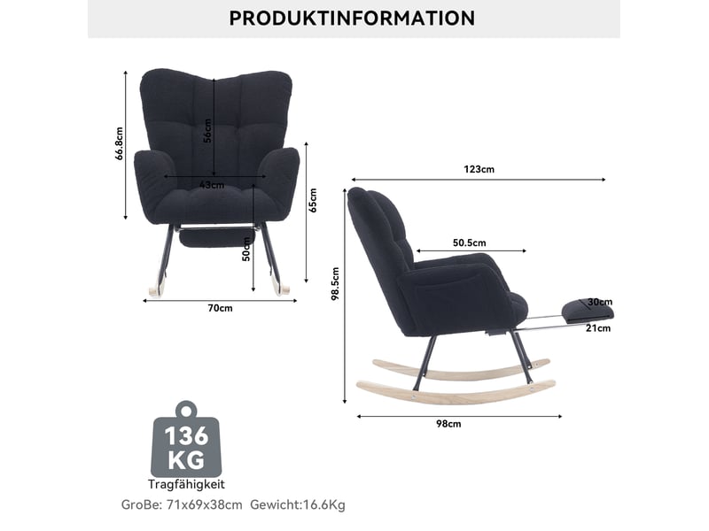 Fauteuil à bascule rembourré avec repose-pieds pliable et dossier haut ergonomique en tissu teddy noir 80 × 98 × 98,5 cm - Conforama D