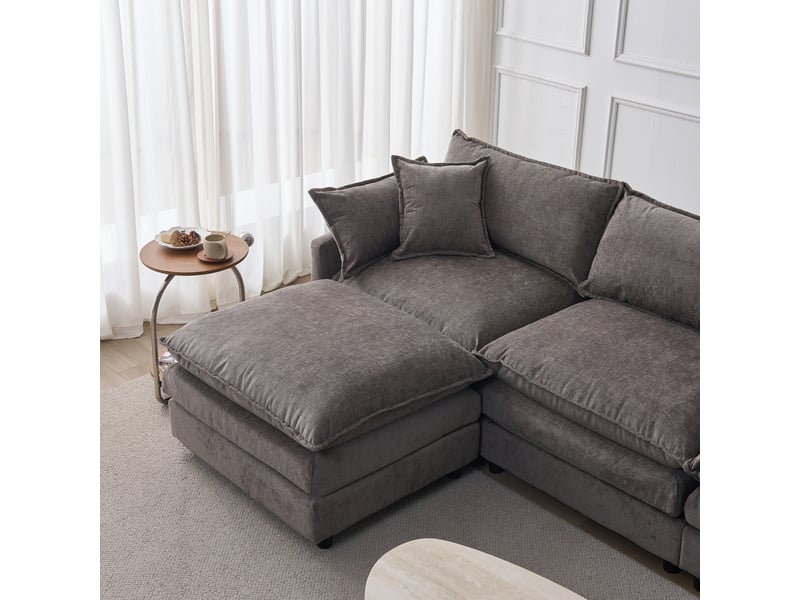 Canapé d'angle modulable 3 places avec méridienne et pouf - chenille gris - 267x154x85 cm - Conforama E