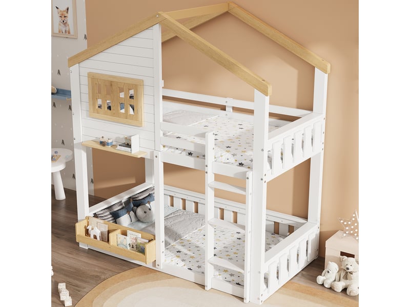  Lit superposé enfant 90x200 cm avec cadre maison, fenêtre, échelle et étagère, lit cabane en bois avec 2 couchages et barrières, blanc et bois naturel OPULERANE TRADING LTD - Conforama E