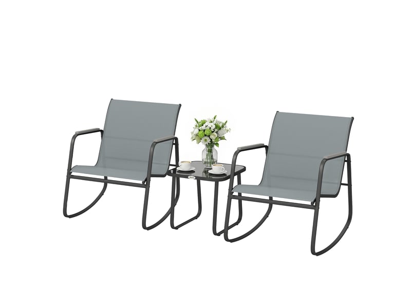  Ensemble de jardin 3 pièces avec 2 fauteuils à bascule, une table basse en verre et une structure en acier pour terrasse, gris  - Conforama B