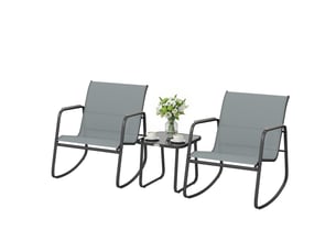 Ensemble de jardin 3 pièces avec 2 fauteuils à bascule, une table basse en verre et une structure en acier pour terrasse, gris