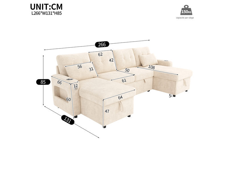 Canapé d'angle convertible panoramique 4 places chenille beige 266x131x85 cm avec rangement, usb, led et porte-gobelets N653P7709GA - Conforama C