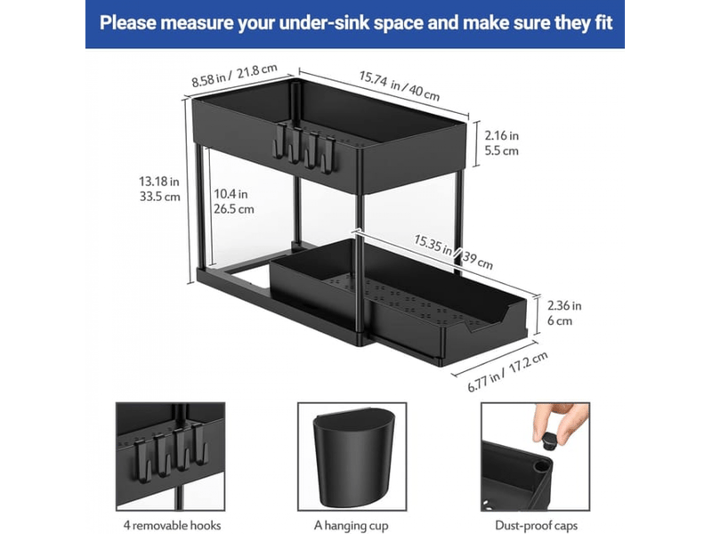  Étagère de rangement sous l'évier, organisateur glissant multifonction avec tiroir amovible, adapté pour salle de bain et cuisine, noir  - Conforama E