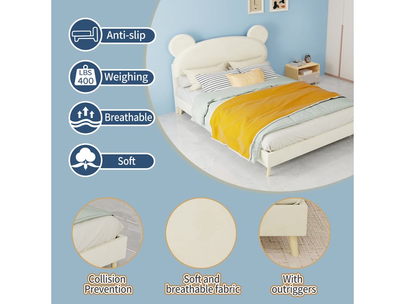  Lit enfant 140x200 cm, tête de lit oreilles d’ours, cadre bas sans rangement, tissu et métal beige sans matelas  - Conforama E