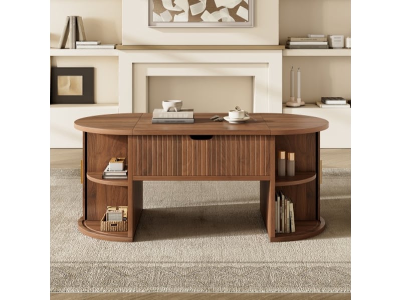  Table basse réglable en hauteur — rangements ouverts et cachés — portes coulissantes, idéal petit espace et home-office  - Conforama E