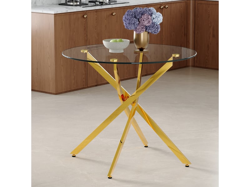 Table à manger ronde,88x88x75 cm,2 à 4 places,verre trempé et métal,doré - Conforama B