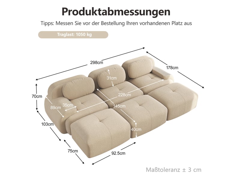  Canapé modulable 3 places ulevr avec 3 poufs, velours côtelé beige, mousse 32d, sans cadre, 298 x 178 x 70 cm  - Conforama C