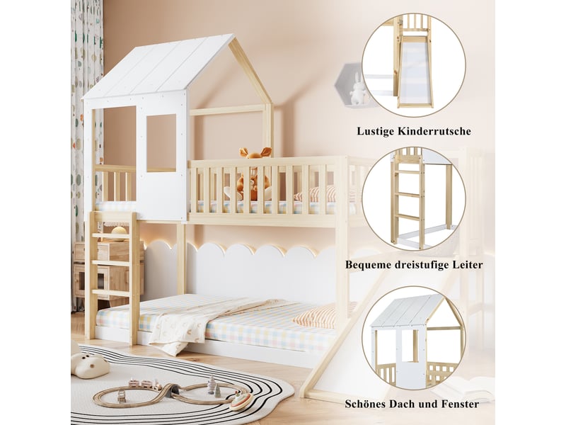  Lit cabane naturel et blanc 90x200 cm en pin, toboggan avec plateforme, échelle à 3 marches, toit, fenêtre et barrières  - Conforama D